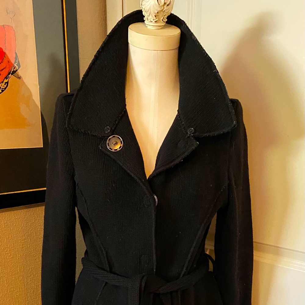 Sisley Black Wool Long Sweater Tie Coat L Large